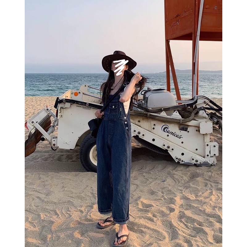 Quần yếm bò Ulzzang / yếm jeans ống rộng màu xanh đậm / quần yếm denim ống rộng | BigBuy360 - bigbuy360.vn