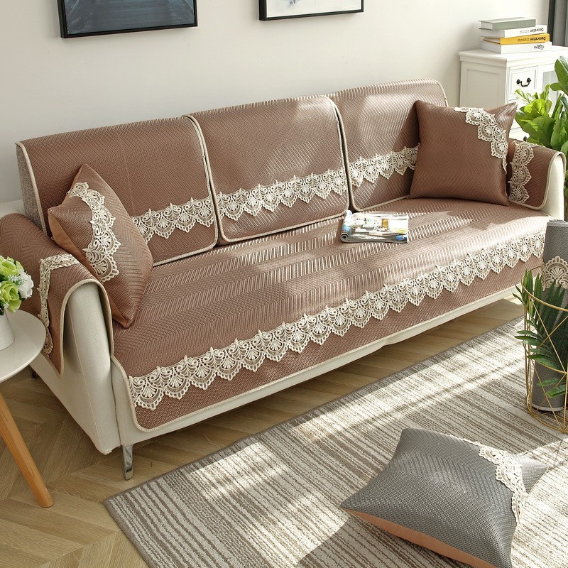 Tấm trải ghế sofa mẫu mới chất vải lụa lạnh phối ren thoáng khí phong cách Âu Mỹ phù hợp cho mùa hè