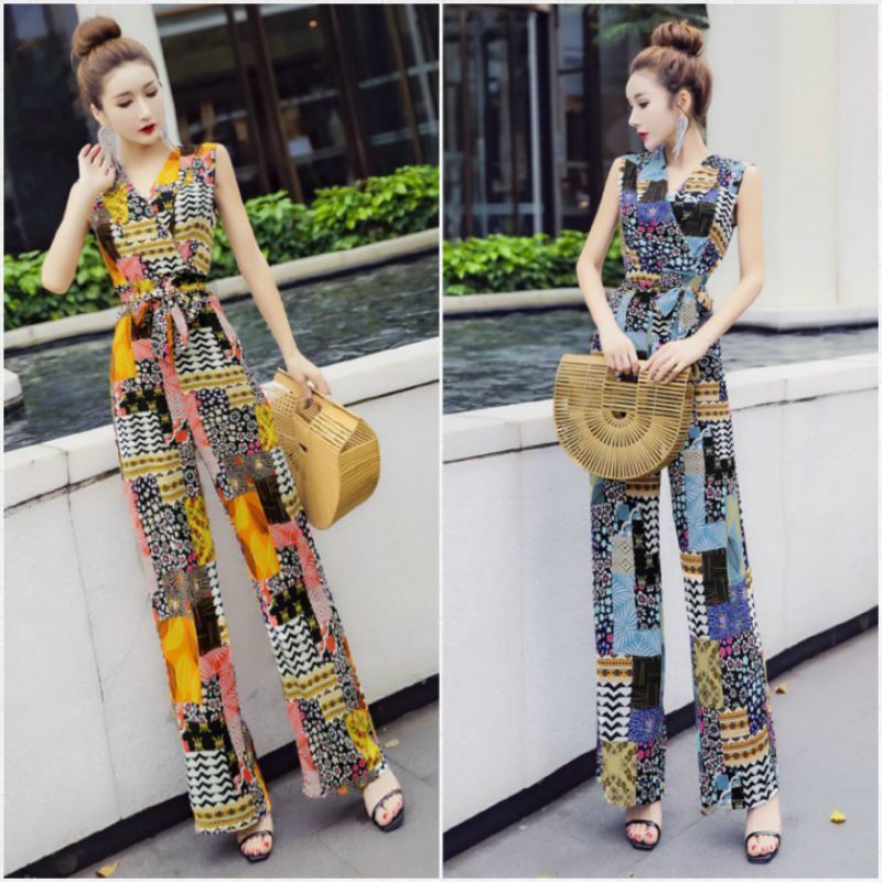 Hàng nhập - Jumpsuit dài lụa in hoa lá, bộ jum cổ V đồ bay xinh xắn