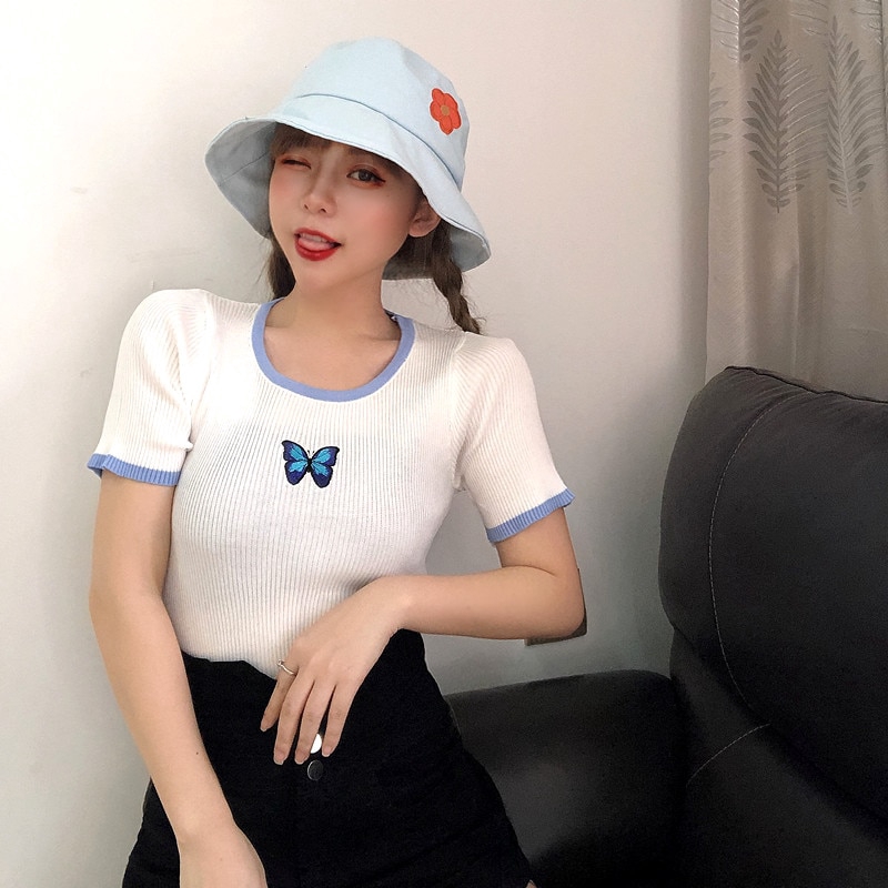 Áo thun dệt kim tay ngắn cổ tròn màu trơn ôm dáng đơn giản thời trang mùa hè dành cho nữ | BigBuy360 - bigbuy360.vn