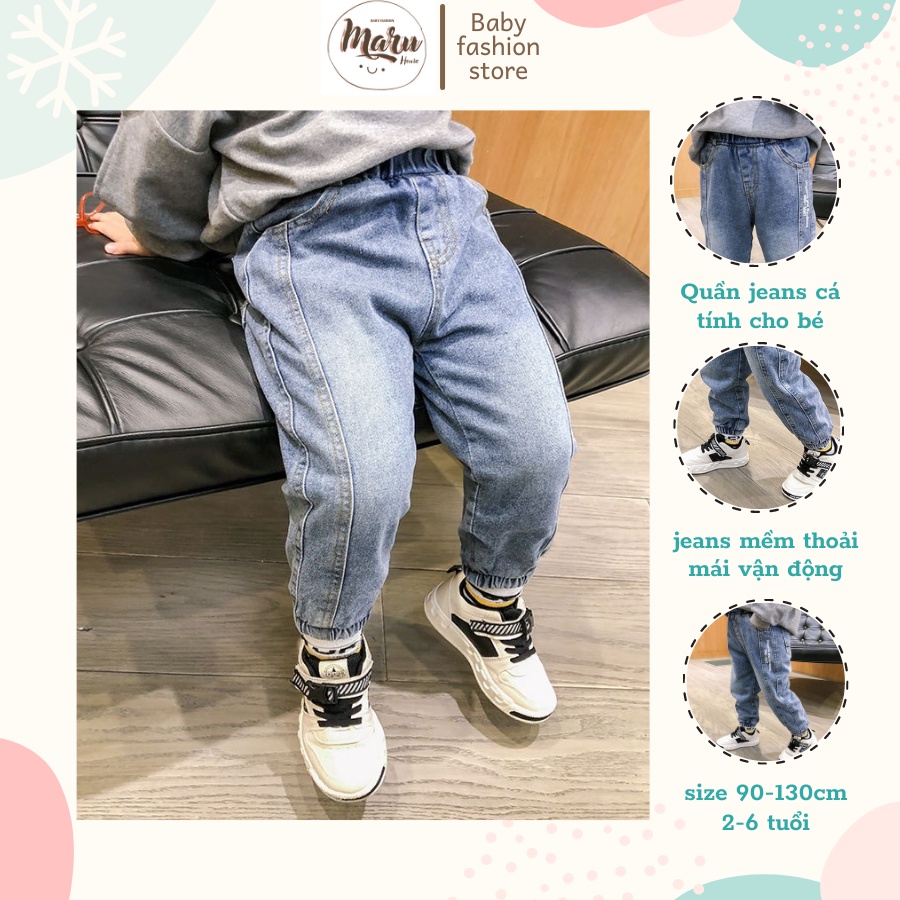 Quần jeans Cho Bé Trai Dáng Baggy Bo Chun Cực Ngầu MARUHOUSE , Quần Bò Dài Lưng Thun Thoải Mái Cho Bé