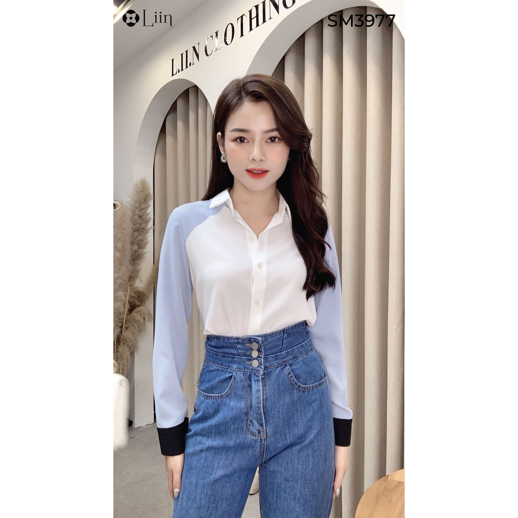 Áo sơ mi chất vải đũi màu trắng tay xanh thiết kế trẻ trung, thanh lịch  Liin Clothing SM3977