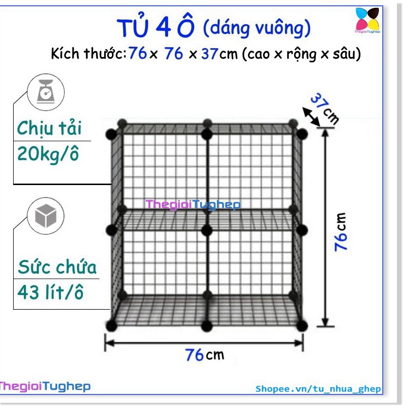 Halinhco- Tủ lưới sắt lắp ghép đa năng hiện đại để sách, đồ dùng trang trí phòng làm việc 4 ô lắp hình vuông (16 lưới +