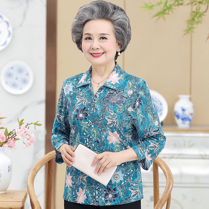 Bộ quần áo dài tay mùa hè của phụ nữ cao tuổi, áo mùa thu của bà và áo dài, quần áo mỏng cho phụ nữ 70-80 tuổi