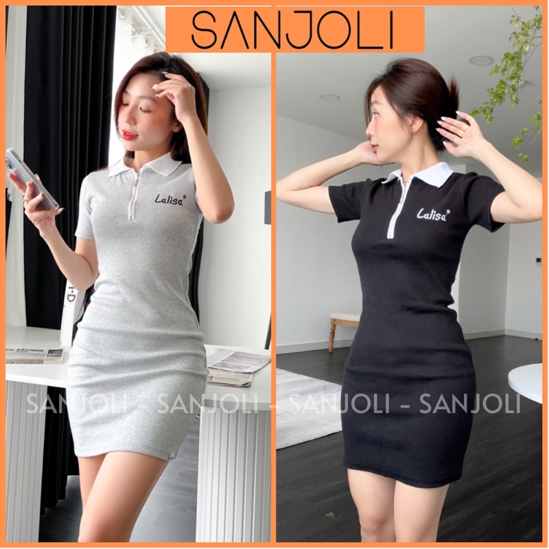 Váy Polo Nữ SANJOLI Đầm Ôm Body Sexy Nhún Eo Thiết Kế Xẻ Tà Cổ Trắng Chất Bo Gân Hình Thêu Nhiều Màu Đi Dự Tiệc VD095