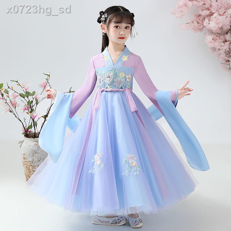 ☃✟Váy Hanfu cho bé gái Mùa thu năm 2021 Trang phục mới dành trẻ em Phong cách Trung Quốc Tang Siêu cổ tích Phương Tây cô