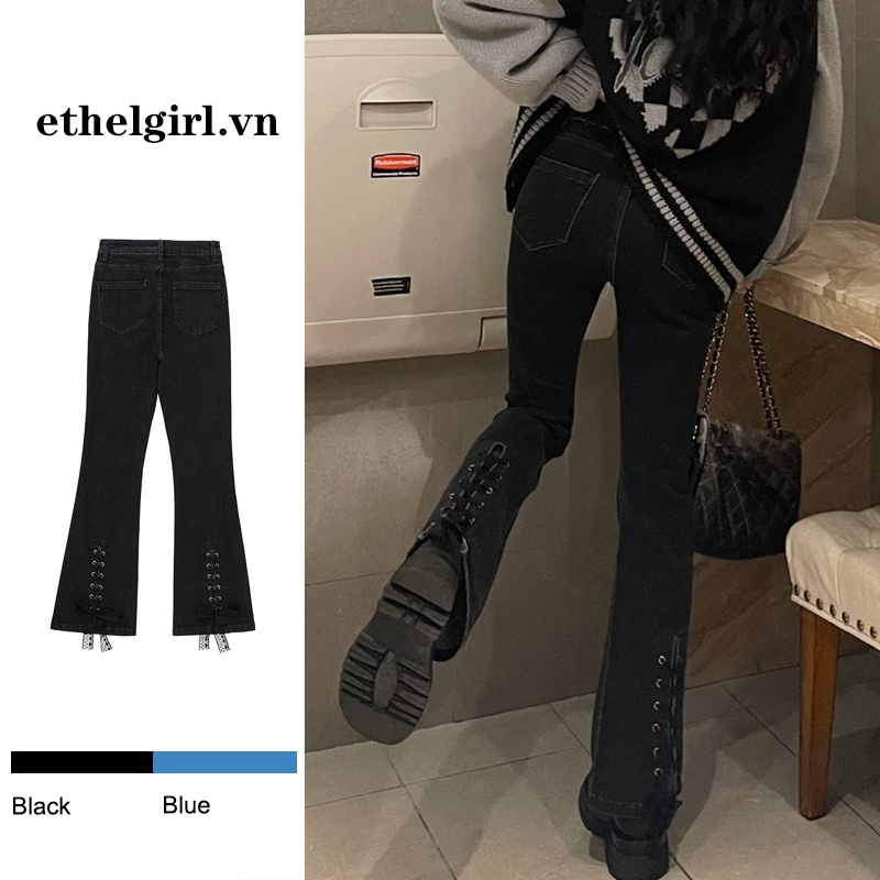 Quần jeans Nữ Lưng Cao Ống Loe Đan Dây Quyến Rũ