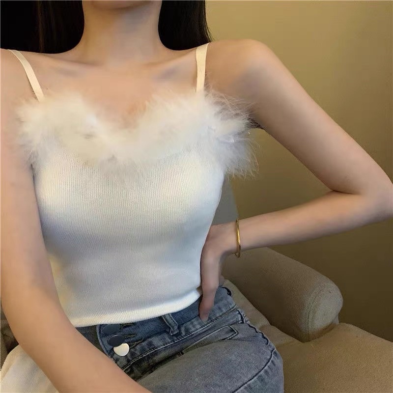 Áo hai dây len tăm chữ V cổ đính lông vũ quyến rũ nhiều màu