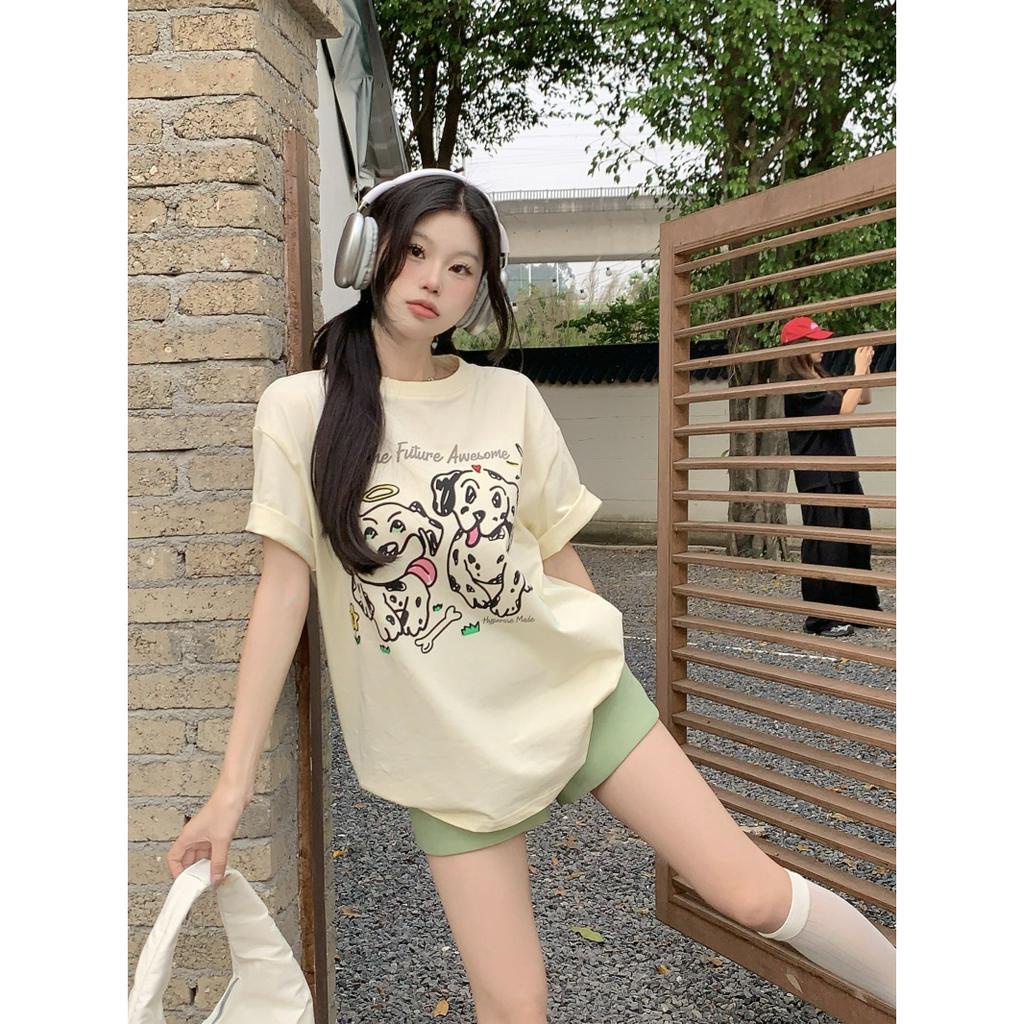 「 WELOVE1 」Áo Thun Nữ Tay Ngắn Cổ Tròn Dáng Rộng In Hình Chú Cún Đốm Dễ Thương Phong Cách Hàn Quốc Mới