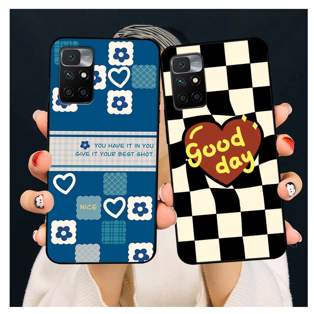 Ốp lưng Xiaomi Redmi 10 in hoạ tiết caro trái tim đen trắng, gấu bear cute đáng yêu