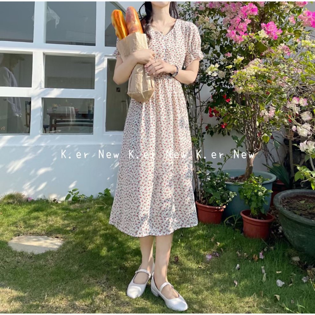 Váy hoa nhí cổ V tay chun dáng dài qua gối VKE1017 Ulzzang style🌻 Hàng Quảng Châu!!!