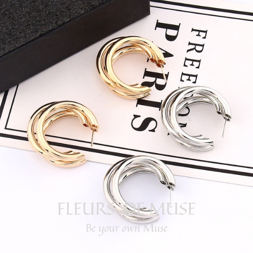 Khuyên tai tròn bán nguyệt 3 vòng mạ vàng phong cách Retro cổ điển Fleurs de Muse