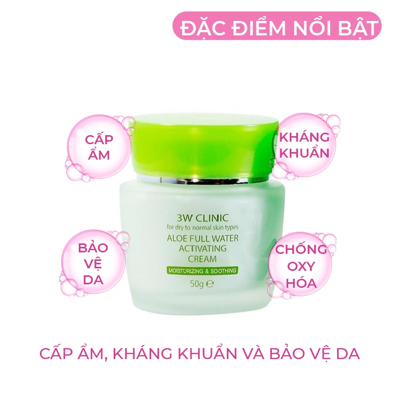 Kem dưỡng trắng da cấp nước tinh chất lô hội 3W Clinic Aloe Full Water Activating Cream Hàn Quốc 50ml