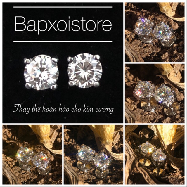 1 chiếc Bông tai Moissanite 3,0ly- 4,5ly - 5,0ly (nước D kiểm định); 1 chiếc; bạc 925 mạ bạch kim