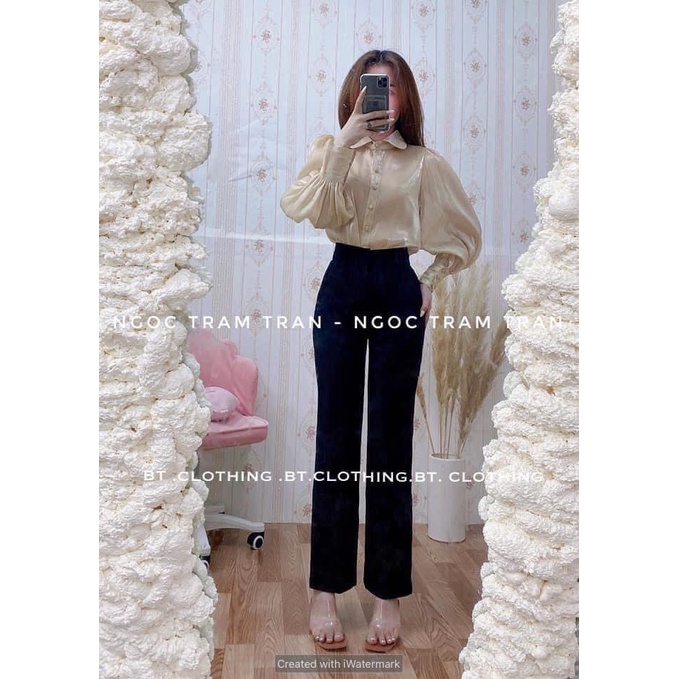 Áo sơ mi tơ lụa màu be tây cổ sen tay bồng sang chảnh áo sơ mi công sở TL024