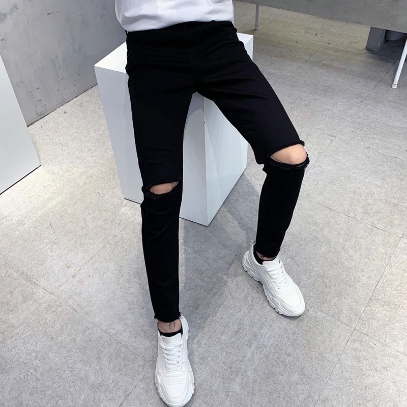 Quần Jean Nam Rách Gối Màu Đen Vải Co Giãn, Không Phai Màu Dáng Skinny Phong Cách Hàn Quốc -J02