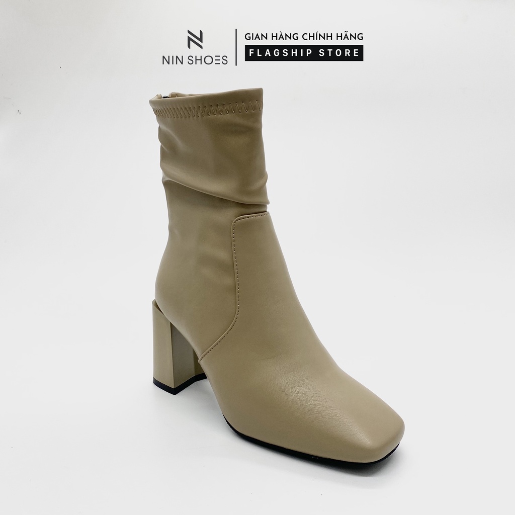Giày Boot nữ 9p QCCC gót vuông cao cổ kéo khóa sau da si Ninshoes | BigBuy360 - bigbuy360.vn