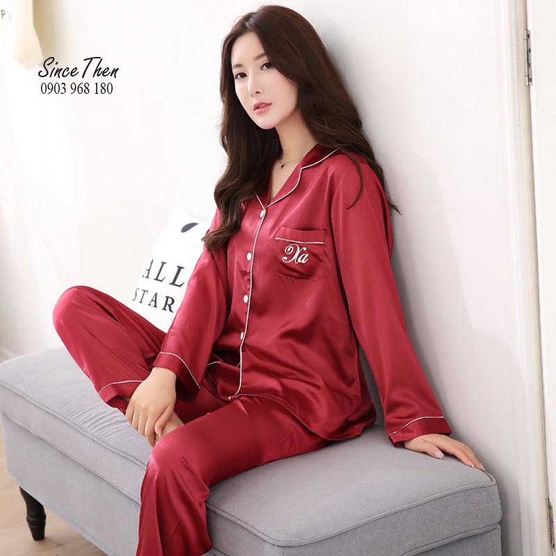 Đồ ngủ đôi lụa dài tay tân hôn màu đỏ, pyjama đôi lụa dài hàng có sẵn tại Tphcm - Since Then