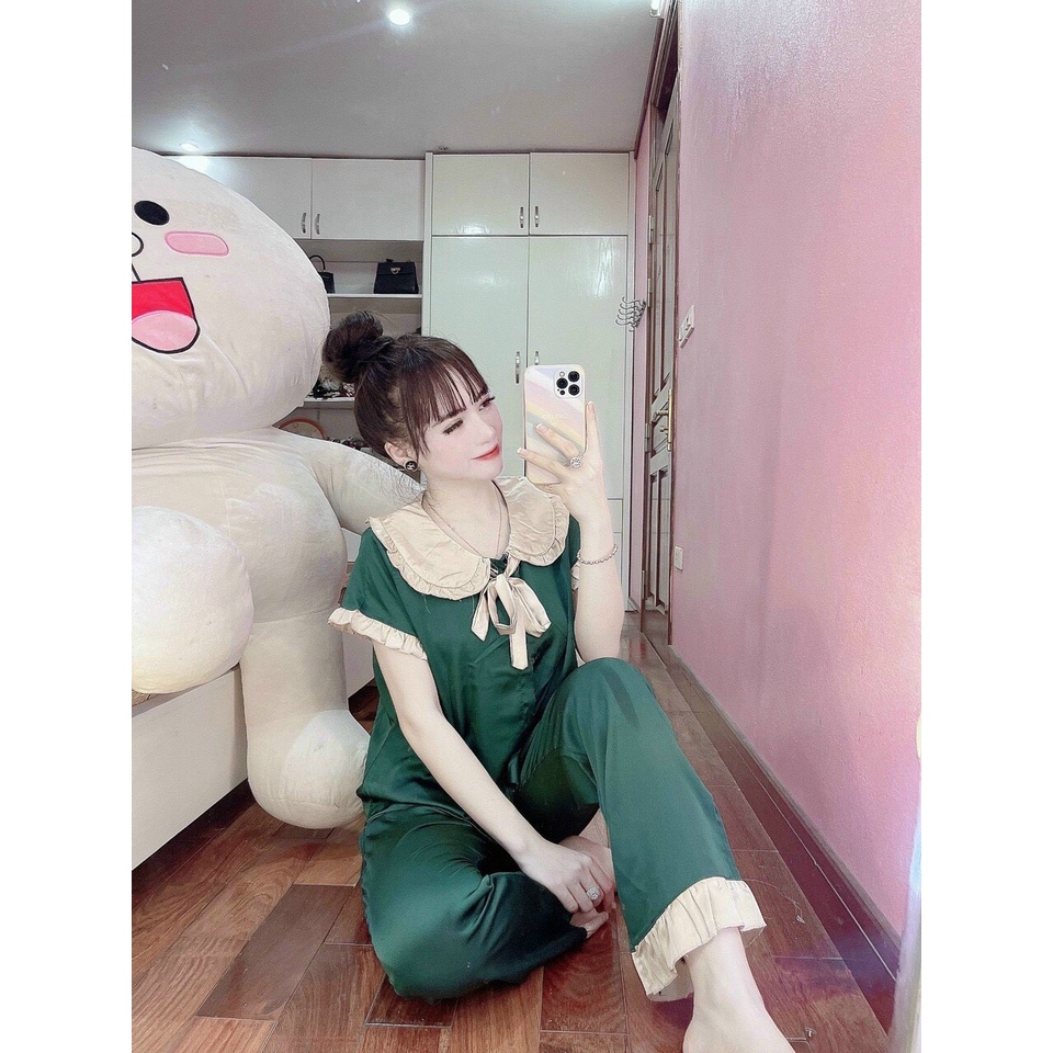 Bộ đồ Pijama lụa mặc nhà họa tiết cộc tay viền bèo
