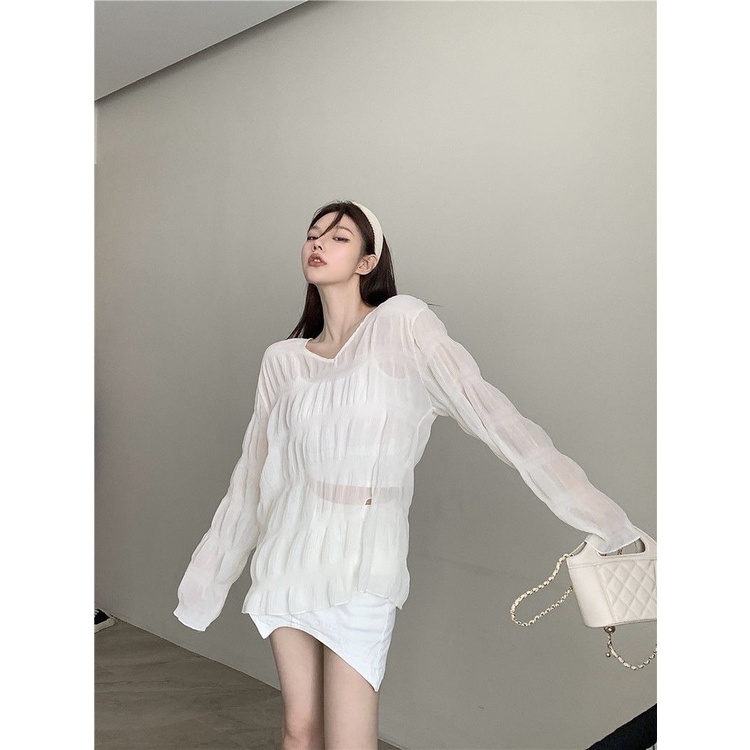 Áo Sơ Mi Tay Dài Cổ Chữ V Mỏng Trong Suốt Dáng Rộng Xẻ Tà Thời Trang Mùa Hè Cho Nữ