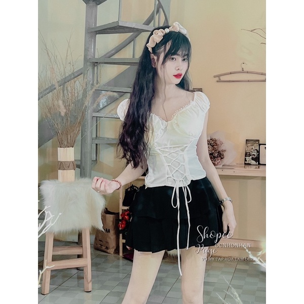 Set áo đan dây phối chân váy tầng