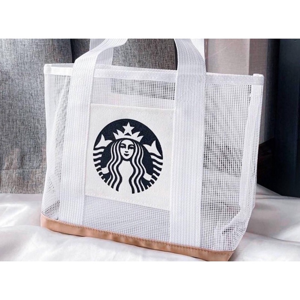 Túi xách tay đi biển canvas họa tiết Starbucks sức chứa lớn