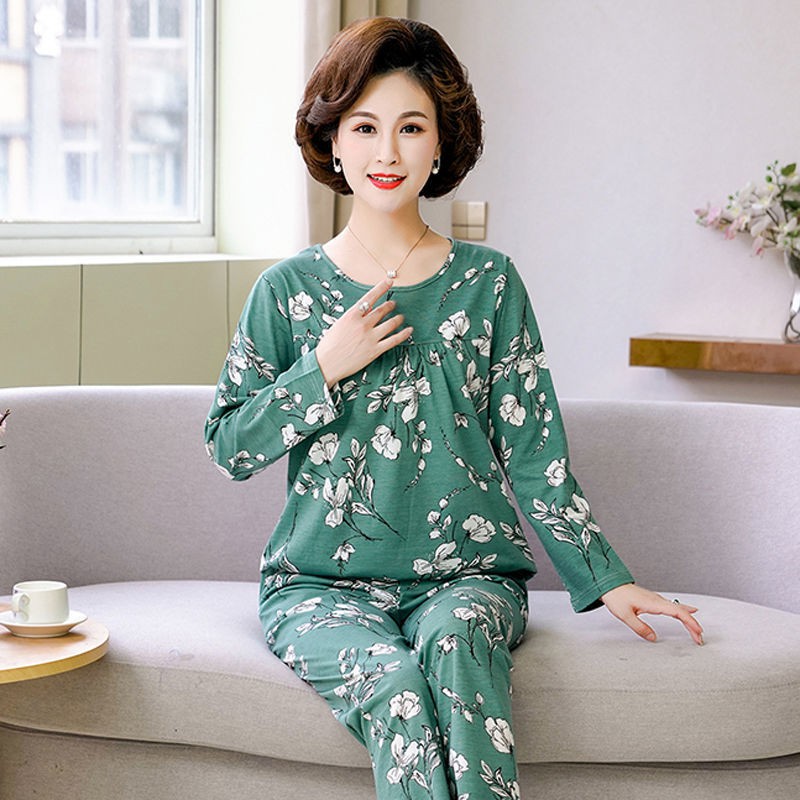 Đồ ngủ & Đồ mặc nhà☊┇▧Bộ đồ ngủ mùa xuân và thu bà mẹ trung niên cotton dài tay cho chồng già mặc ở nhà XL đô