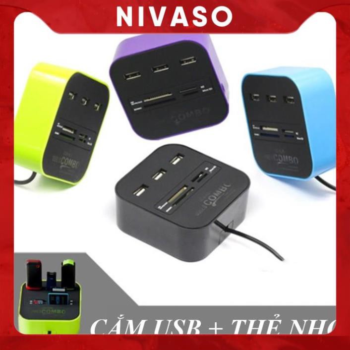 Bộ chia USB HUB kiêm đầu đọc thẻ nhớ 2 in 1 cổng 2.0 giá rẻ mẫu 3 giao màu ngẫu nhiên NIVASO