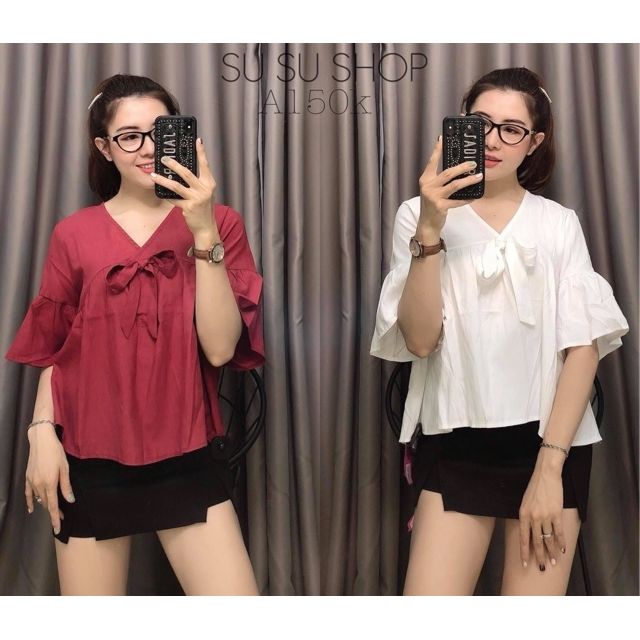 Áo baby doll tay loe phối nơ xinh( hình thật kế bên)