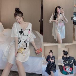 Váy ngủ sơ mi lụa cao cấp , váy ngủ nữ, đầm mặc nhà tay lỡ dáng dài chất liệu lụa Latin in hình 3D đẹp