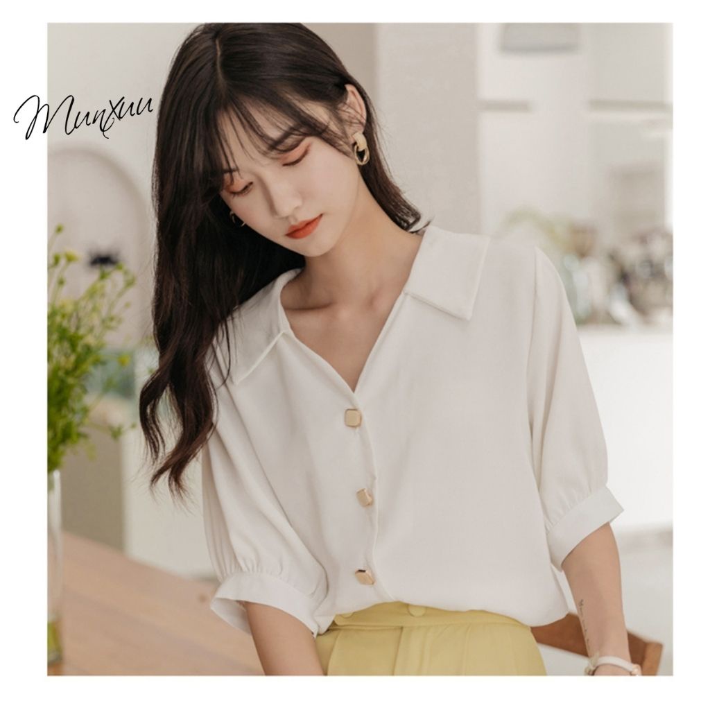 Áo sơ mi nữ kiểu Munxuu tay áo ngắn bồng nhẹ, chất liệu mềm mại chống nhăn thời trang công sở - SP44