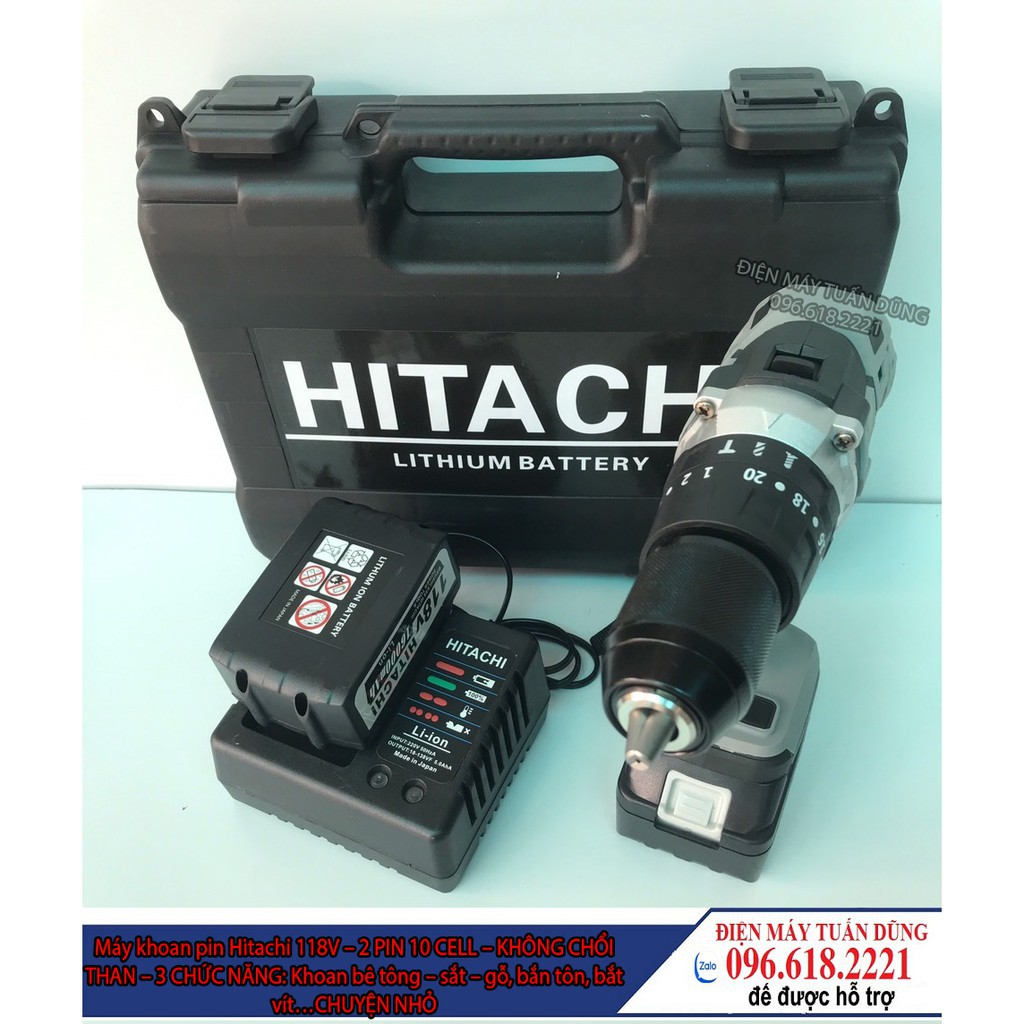 [Chính Hãng] Máy Khoan Pin HITACHI 118V, 2 PIN, KHÔNG CHỔI THAN, Tặng Kèm Bộ PHỤ KIỆN Như Hình [Ưu Đãi Khủng]