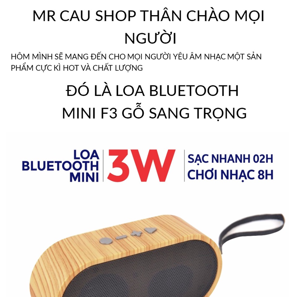 [Voucher 8% tối đa 800k] (FREE SHIP TOÀN QUỐC )Loa Bluetooth Mini Siêu BASS 3W MODEL F3 VỚI 2 LOA  thiết kế Màu Gỗ 