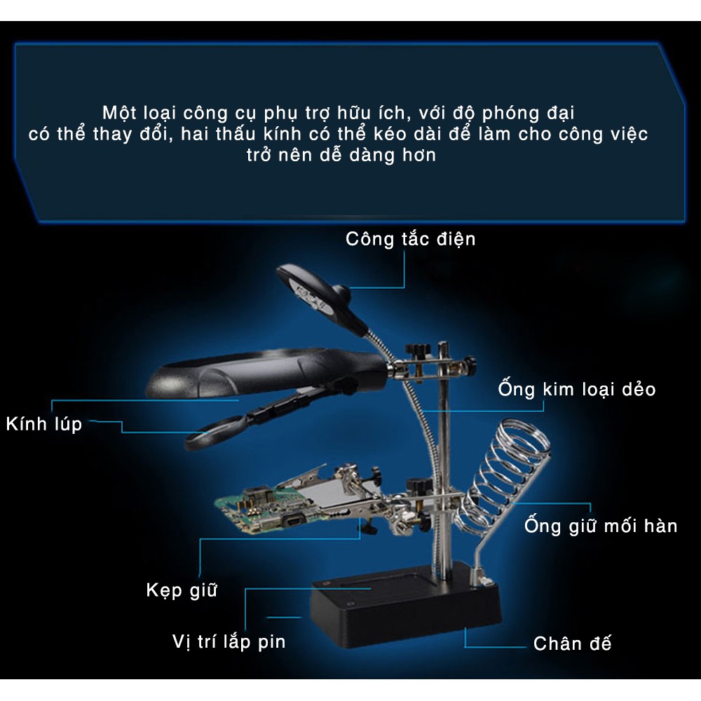 Giá kẹp hàn kính lúp đa năng - Có đèn &amp; gác tay hàn