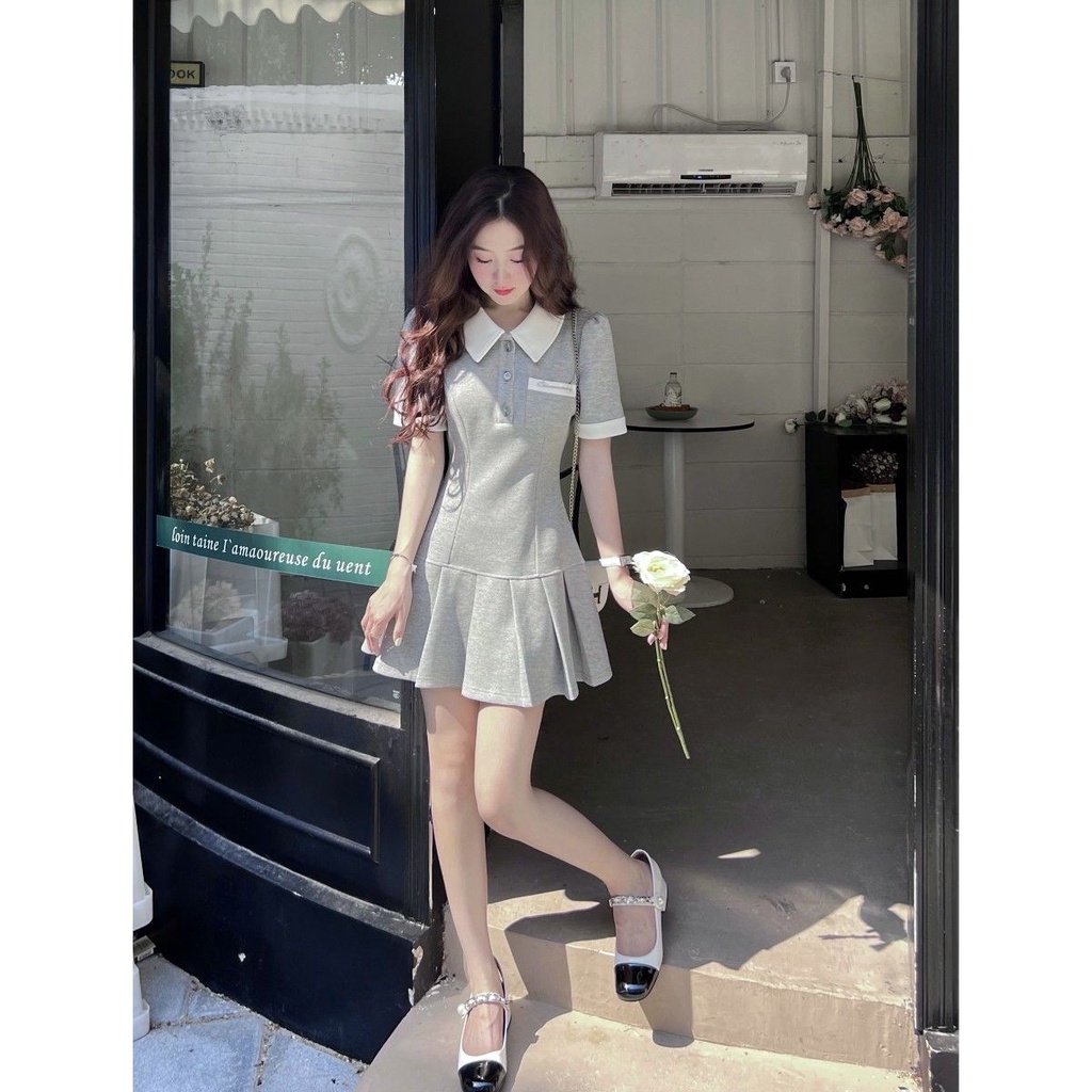 Đầm xếp ly cổ bẻ màu xám thời trang mùa hè cho nữ