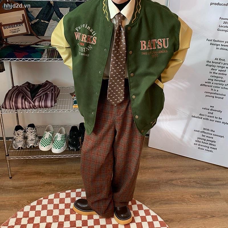 Áo khoác bóng chày tay da PU thêu chữ phong cách retro cho nam nữ