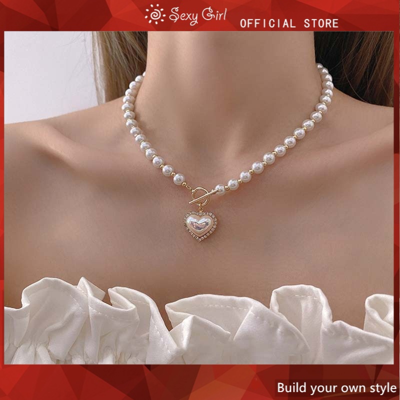 Vòng Cổ Dây Xích Mặt Hình Trái Tim Phối Ngọc Trai Thời Trang Hàn Quốc Dành Cho Nữ