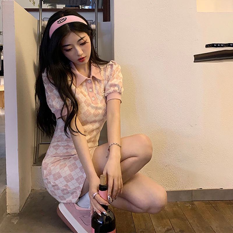 COZOK Đầm Tay Ngắn Cổ polo Họa Tiết Hình Thoi Hợp Thời Trang