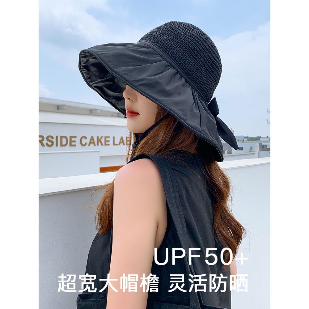 Mũ Tai Bèo Vành Rộng Hở Chóp Màu Đen Chống Tia UV Thời Trang Mùa Hè Cho Nữ