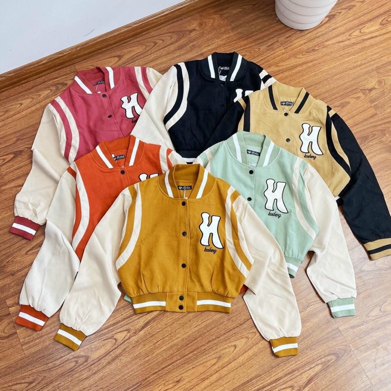Áo khoác lửng croptop bomber thêu chữ kaki da lộn 2 lớp unisex ulzzang nam nữ
