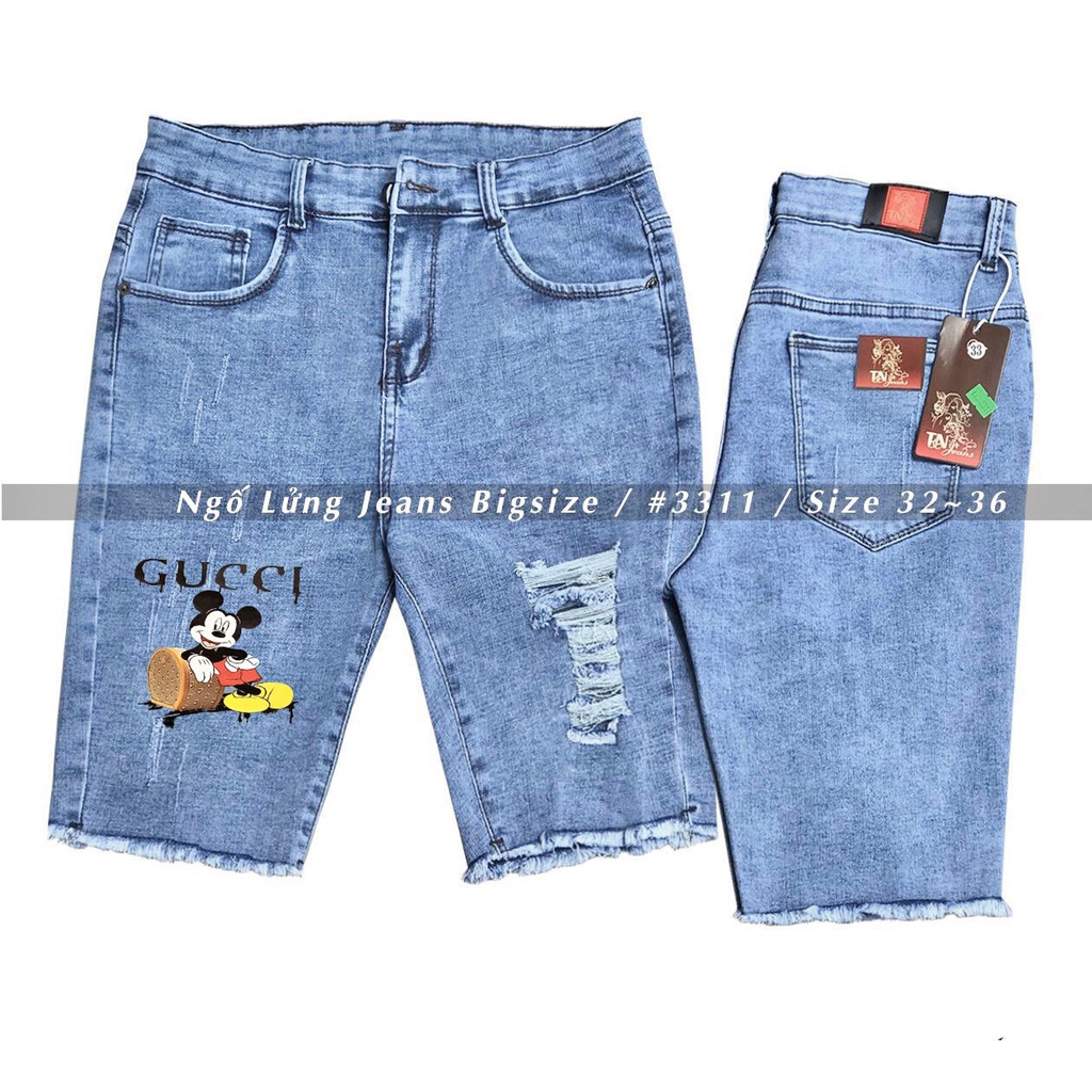 [60kg~90kg] Quần jean ngố / lửng BIG SIZE lưng cao, co dãn mạnh rách kiểu đẹp IN HÌNH chuột mickey SAO 3459 moliruan