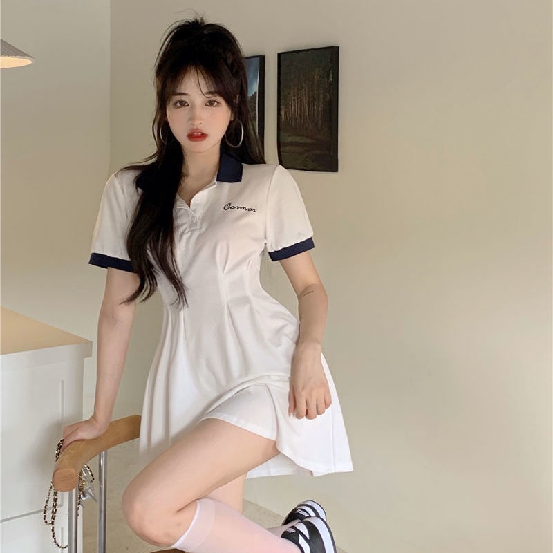 COZOK Đầm tay ngắn cổ bẻ màu trơn thiết kế ôm sát tôn dáng