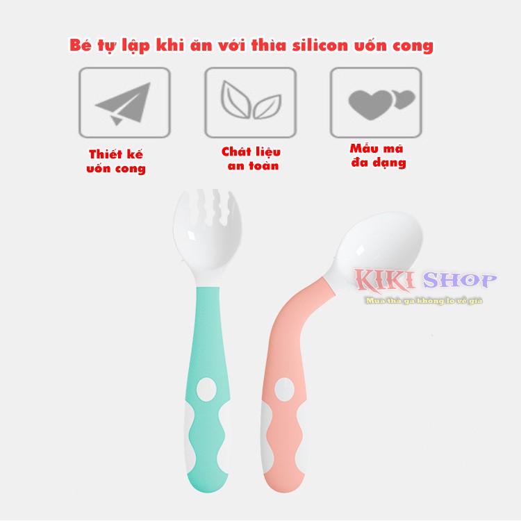 Thìa ăn dặm cho bé ZIYI, thìa dĩa uốn cong silicon, muống ăn dặm kèm hộp đựng cho bé, Kiki shop