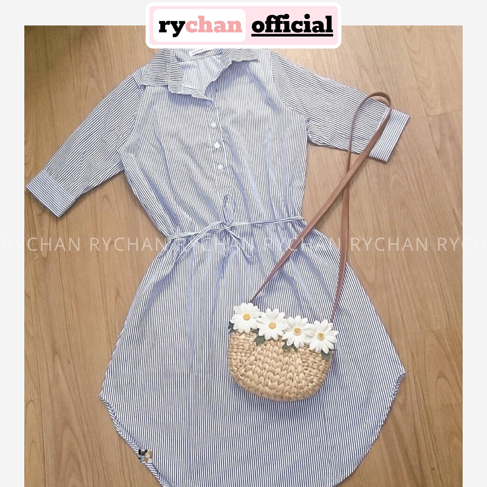 DX649 - Đầm Xòe Sọc Sơ Mi Cột Eo