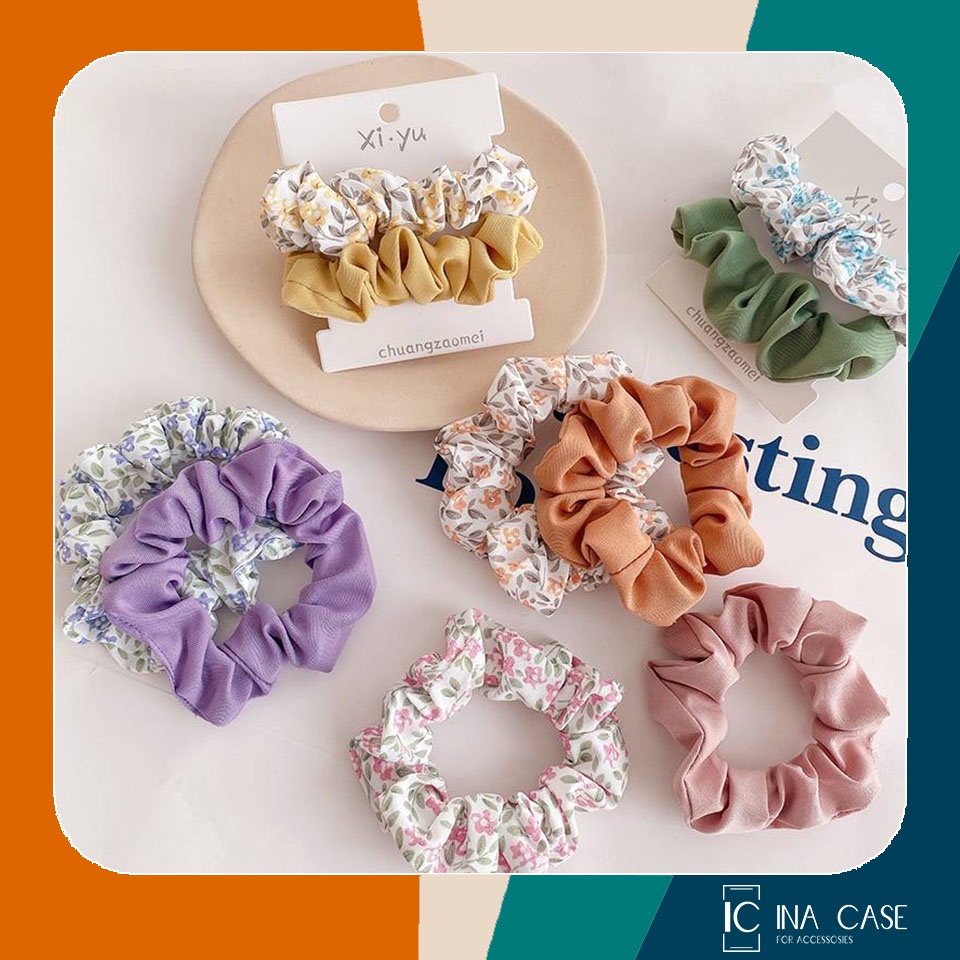 Cột tóc vải Scrunchies set 2 cái hoa và màu