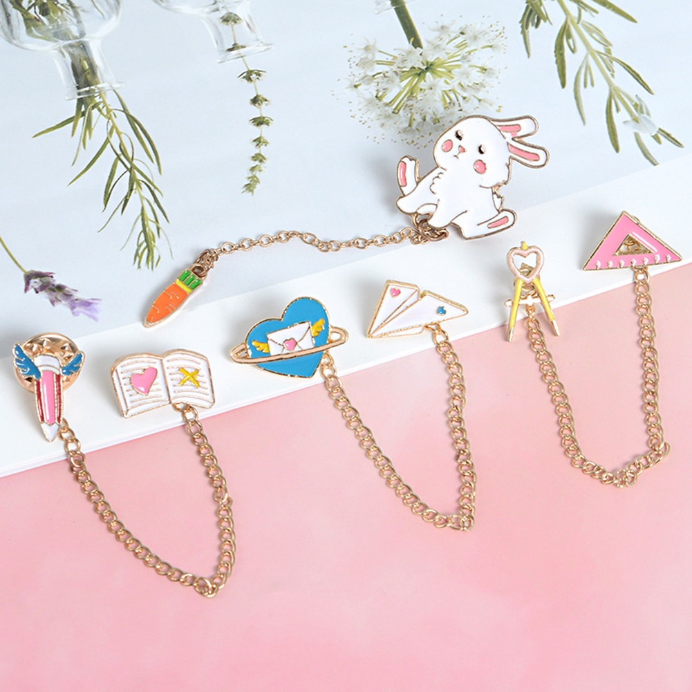 YOML✔Women Cute Rabbit Carrot Heart Book Ruler Denim Jacket Collar Chain Brooch Pin