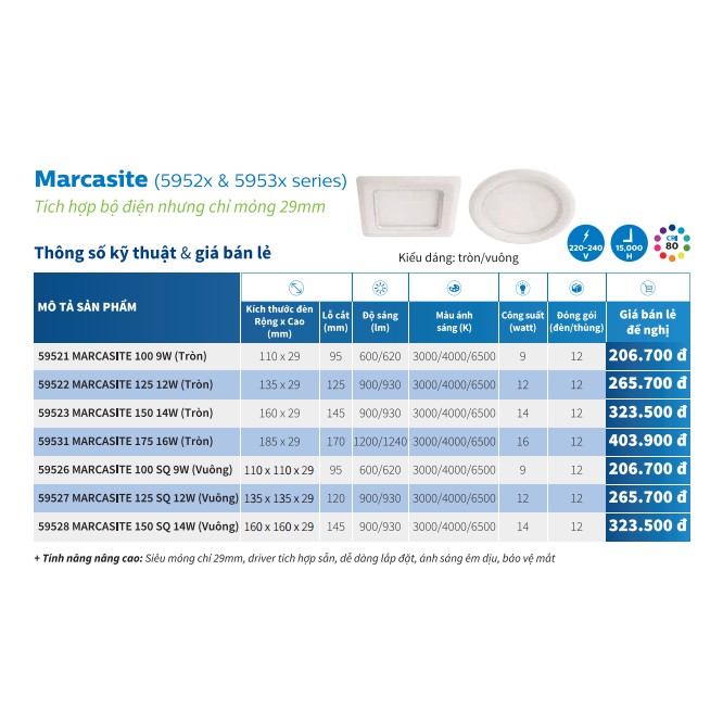 Đèn Led âm trần Philips, downlight Vuông, dòng Marcasite 595xx  nhiều công suất - hàng chính hãng