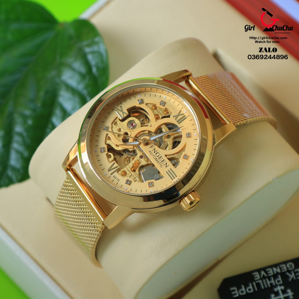 Đồng hồ nam Fngeen cơ lộ máy chạy cơ tự động lên dây cót không cần pin, dây lưới thép không gỉ rất ôm tay, NaiWatch