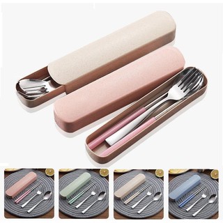 Bộ muỗng đũa nĩa thép không gỉ kết hợp gỗ tự nhiên kèm hộp đựng bằng lúa mạch