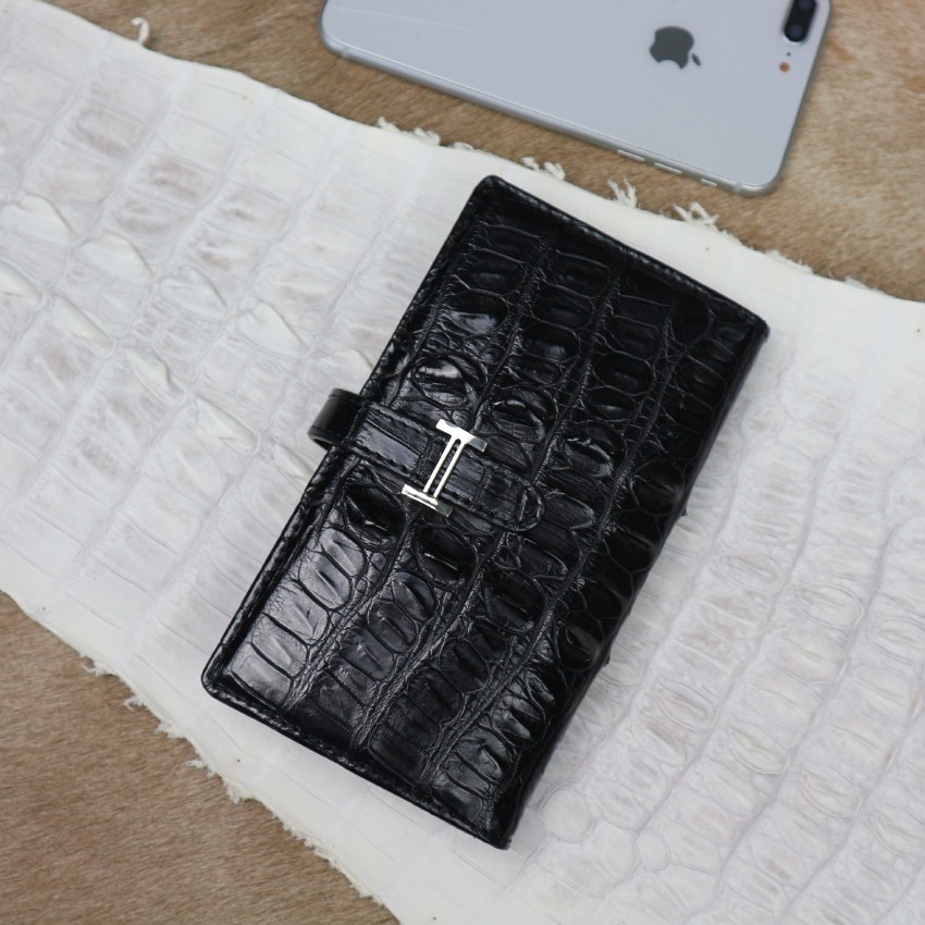 Ví nữ da cá sấu thật Konavis cao cấp màu đen thiết kế sang trọng - CW26-01